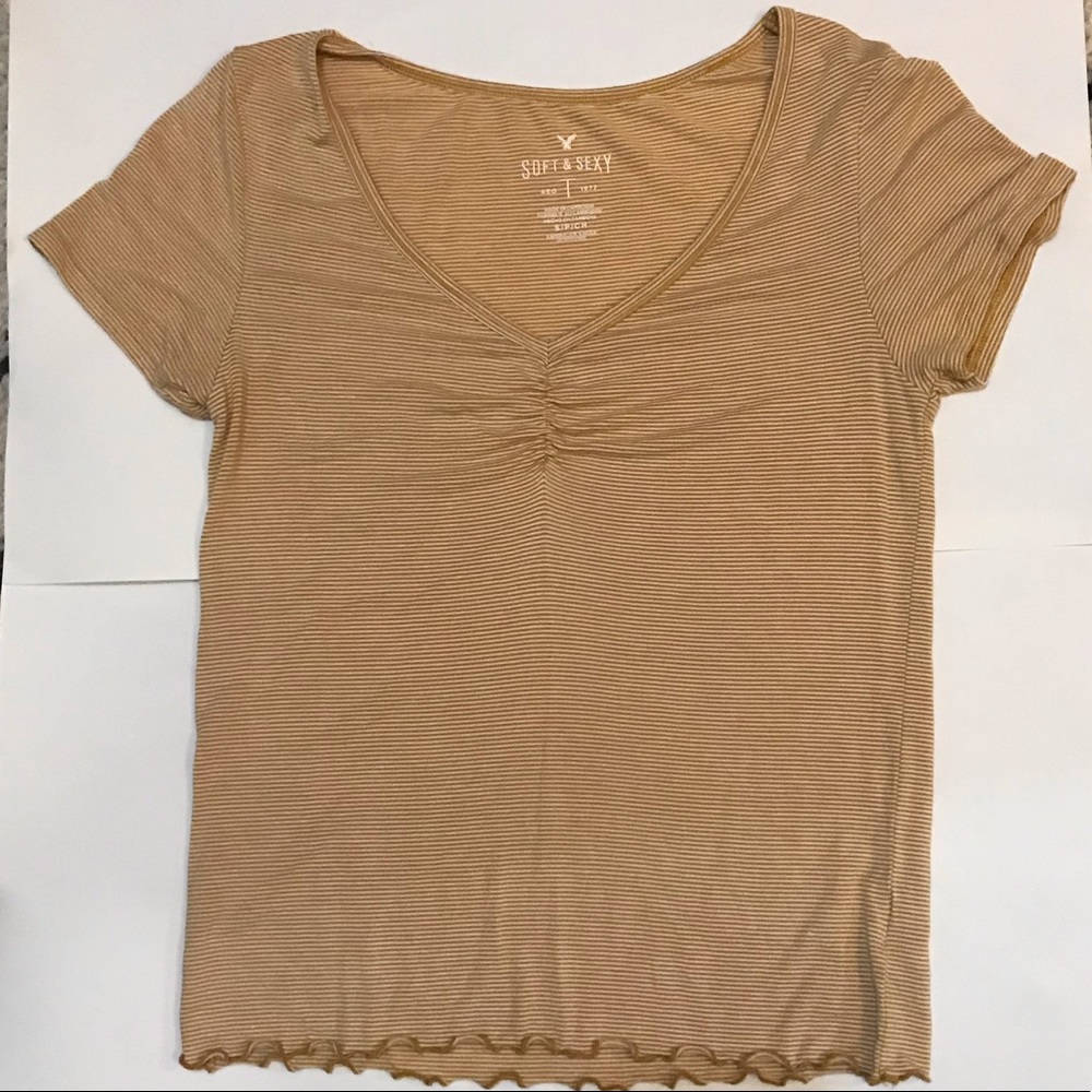 AE Soft & Sexy Mustard Striped tee w/ lettuce hem